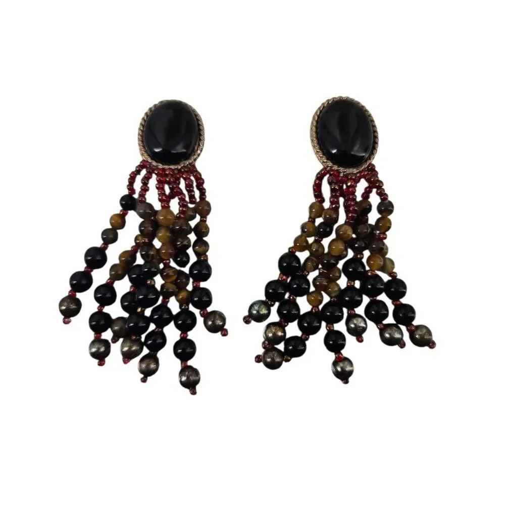 1980s Black Glass Beaded Fringe Clip-On Earrings | Statement 3.6
